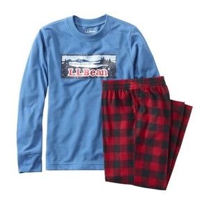 LL Bean Kids Pajamas Set Size 4 Graphic Printed top Plaid Flannel Pants NWT